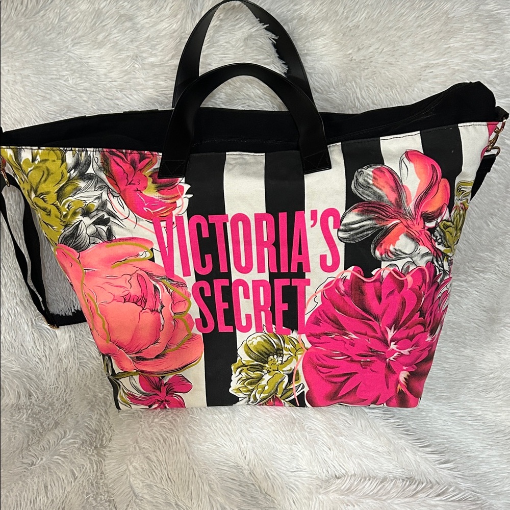 Victoria's Secret Striped Floral Tote - Black, Pink, Yellow